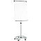 A white flip chart with a metal frame on a stand with wheels.