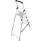 A silver stepladder against a white background. It has four steps, a platform, and a handle.