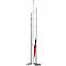 Modern coat stand with red umbrella. Stainless steel, silver details. Straight design with hooks and umbrella holder.