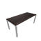 Dark brown table with silver legs. On a white background.