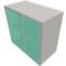 Gray cabinet with green glass doors, shelves behind.