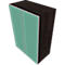 Cabinet with turquoise doors and wood look. Gray frames, oblique perspective.