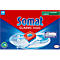 Somat Classic Power Geschirrspültabs mit Aufschrift auf rotem Hintergrund, daneben eine Tablette und Besteck.