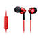 Rote Sony In-Ear-Kopfhörer auf weißem Hintergrund. Das Kabel hat eine Fernbedienung, die Kopfhörer haben das Sony-Logo.