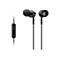 Schwarze Sony-In-Ear-KopfhÃ¶rer mit Kabel und Mikrofon-Fernbedienung. Auf den HÃ¶rern steht SONY.
