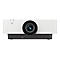 Ein weiÃŸer Projektor mit schwarzem Objektiv, Objektiv-Knopf und Logo.