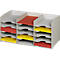 White document organizer with 12 compartments, filled with red and yellow paper, labeled with small tags.