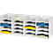 White document organizer with multiple compartments filled with colorful papers.