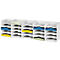 White storage system with multiple compartments, filled with colored paper. The storage has a rectangular shape.