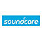 Das Logo von Soundcore: Weißer Schriftzug auf blauem Hintergrund. Der Schriftzug ist Soundcore.