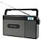 Grau-schwarzes tragbares Soundmaster Radio mit ausziehbarer Antenne und Digitalanzeige vor weißem Hintergrund.