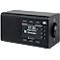 Radio DAB+ noir avec écran affichant l'heure, Bluetooth et la lecture. Boutons de commande, contrôle du volume et touches de station sont présents.