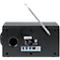 Dos d'une radio noire avec antenne rétractable. Ports : alimentation, sortie ligne, casque, USB-C.