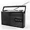 Radio noir avec façade aspect bois, boutons et antenne. Il y a une poignée de transport en haut. Le mot "ELITE" est visible à l'avant.