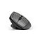 Souris ergonomique grise et noire, légèrement inclinée sur fond blanc. Avec molette de défilement et boutons latéraux.