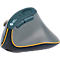 Souris ergonomique grise avec des accents verts et jaunes, marque Bakker Elkhuizen. Il y a un bouton en haut et du texte.