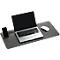 Tapis de bureau en feutre gris avec ordinateur portable, souris et support pour smartphone.