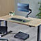 Cahier ouvert avec stylo, support pour ordinateur portable et plante sur le bureau.