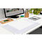 Bureau avec surface de travail, PC, porte-stylo et plantes. Sur la surface de travail se trouve un bloc-notes avec un calendrier.