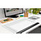 Bureau blanc avec écran, sous-main, souris, porte-stylo et plantes. L'écran affiche un site web.