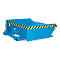 Blauw geschilderde kantelcontainer met geelzwarte waarschuwingsstrepen.
