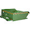 Groene stalen container met geel-zwarte waarschuwingsmarkeringen, ketting, kraan en aftapplug.