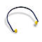 Headband hearing protection with a blue frame and yellow earplugs. On a white background.