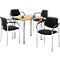 Sparset Besucherstühle, stapelbar, Bezugstoff schwarz, Sitzmaße B 450 x T 460 x H 470 mm, 4 Stück + Tisch, Buche-Dekor, B 800 x T 800 mm