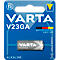 A battery in packaging is pictured on a blue background. It says "VARTA V23GA", with the word "ALKALINE" below.