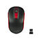 Drahtlose Maus, schwarz mit roten Akzenten. Oben ein Scrollrad und ein DPI-Knopf. Rechts daneben ein USB-Empfänger.