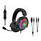 Schwarzes Gaming-Headset mit farbiger Beleuchtung, Mikrofon und verschiedenen Kabeln.