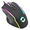 Schwarze Gaming-Maus mit mehrfarbiger RGB-Beleuchtung und Logo auf weißem Hintergrund.
