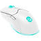 Weiße Gaming-Maus mit blauer Beleuchtung, Logo, Scrollrad und Seitentasten.
