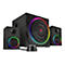 Ein dreiteiliges Lautsprechersystem mit Subwoofer und zwei Satelliten. Die Lautsprecher haben eine schwarze, geometrische Musterung und RGB-Beleuchtung.