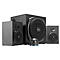 Schwarzes Lautsprechersystem mit Subwoofer, zwei Satellitenlautsprechern und einem Bedienmodul.