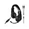 Schwarzes Speedlink Gaming-Headset mit Kabelfernbedienung und abnehmbarem Adapter vor weißem Hintergrund.