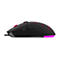 Schwarze kabelgebundene Gaming-Maus in Seitenansicht mit roter Beleuchtung am Mausrad und violettem Lichtstreifen am Heck.
