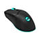 Schwarze kabellose Gaming-Maus mit türkiser RGB-Beleuchtung am Logo, Mausrad und an der Unterseite.