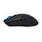 Schwarze kabellose Gaming-Maus mit blauer LED-Beleuchtung vor weißem Hintergrund.
