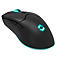 Schwarze Gaming-Maus mit blauer Beleuchtung, Seitenknöpfen und leuchtendem Logo.