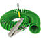 Green spiral cable with crocodile clip and eyelet, shown in detail.