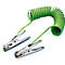 Two alligator clips with a green coiled cable.