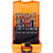 Bohrer-Set in orangefarbener Box, schwarz markiert mit Größenangaben. Ein schwarzer Halter fixiert die Bohrer.