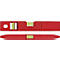 Red spirit level, with two vials, top and side view.