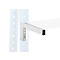 A white shelf with a square support arm attached to a white shelf bracket. The support plate is fixed to a bluish wall with screws.