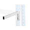 Bracket for a shelf, white, with black edge. It is attached to a white vertical bar.