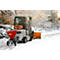Gray Nissan snowplow with red salt spreader and orange plow on a snow-covered road.
