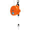 Orange retractable device hanging from a chain, with a hook and carabiner at the bottom.