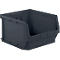 Dark gray plastic bin with sloping front, empty.