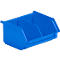 Blue plastic storage bin with a divider for workshop organization.